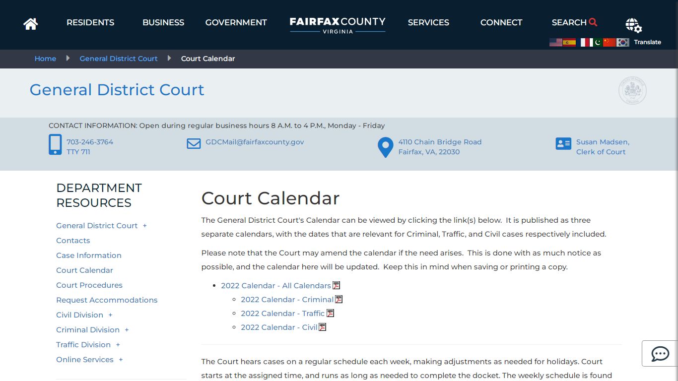Court Calendar | General District Court - Fairfax County, Virginia